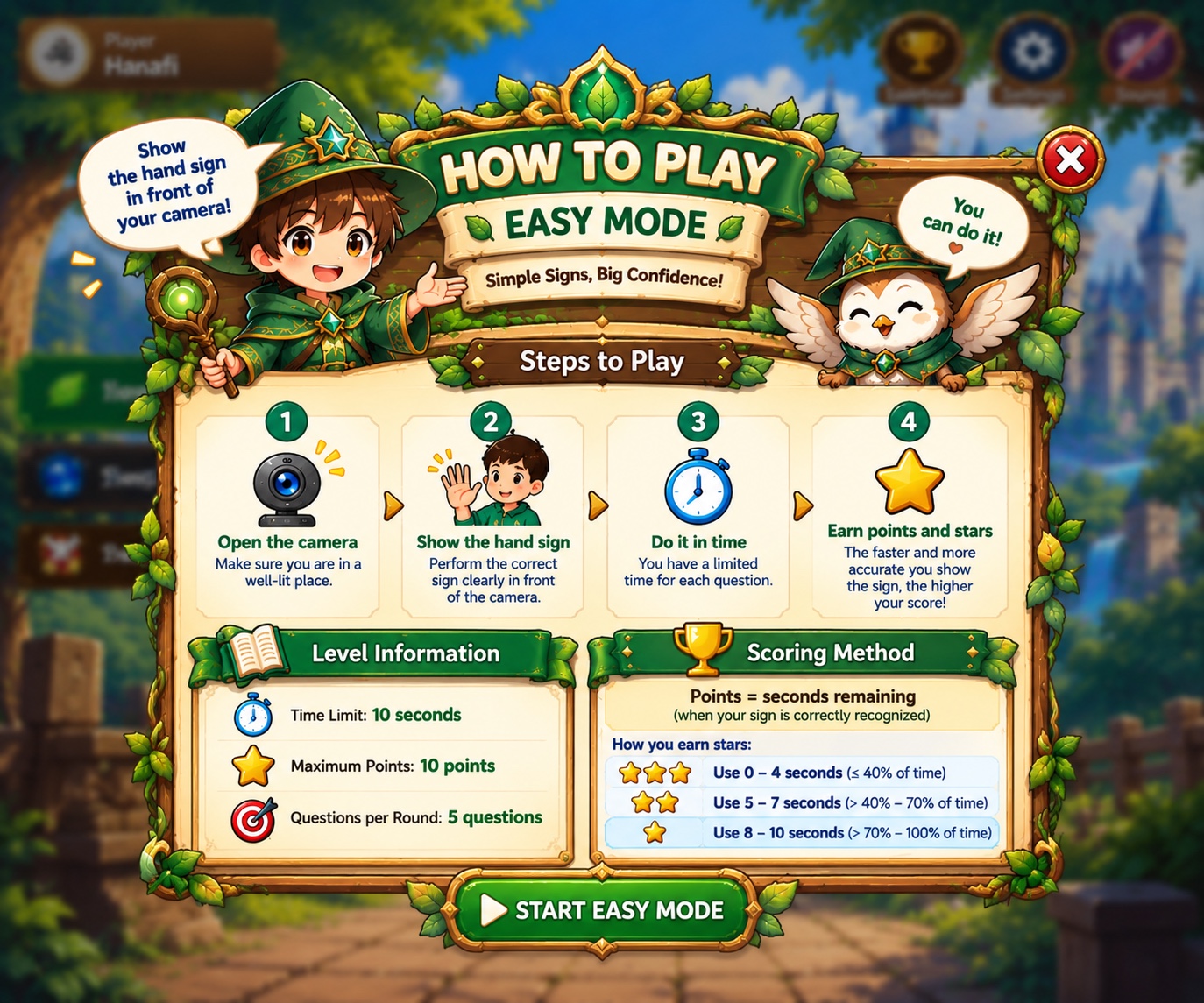 How to play this level: open the camera in a well-lit place, show the hand sign clearly, answer within the time limit, and earn points and stars for speed and accuracy.